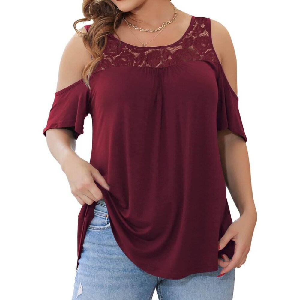 Women's Plus Size Cold Shoulder Tops Lace Summer Blouses Casual Dressy